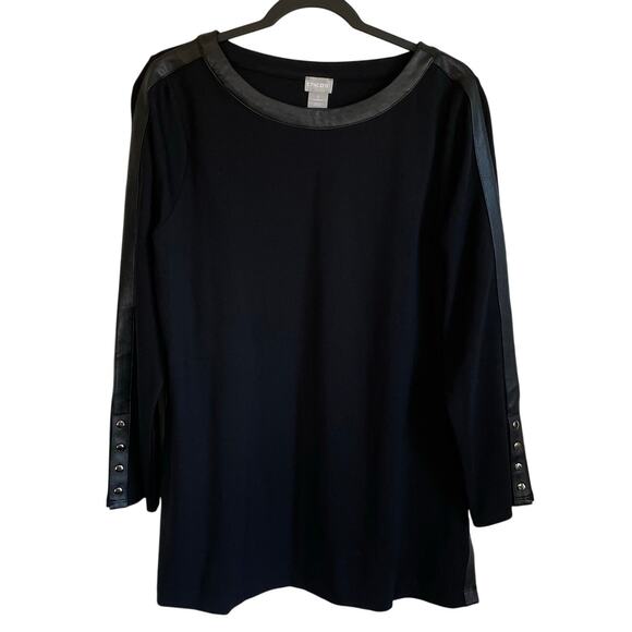 Chico’s Tunic Top Black Faux Leather Accents Long Sleeves Sz L Whimsigoth Edgy - Picture 1 of 9